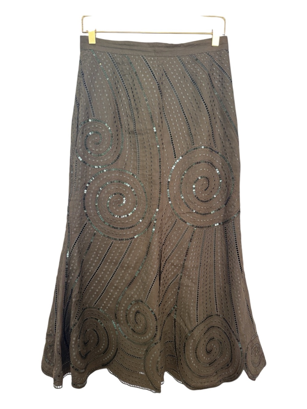 JSong Collection Vintage Y2K 100% Linen Sequin Spiral Trumpet Midi Skirt — Size